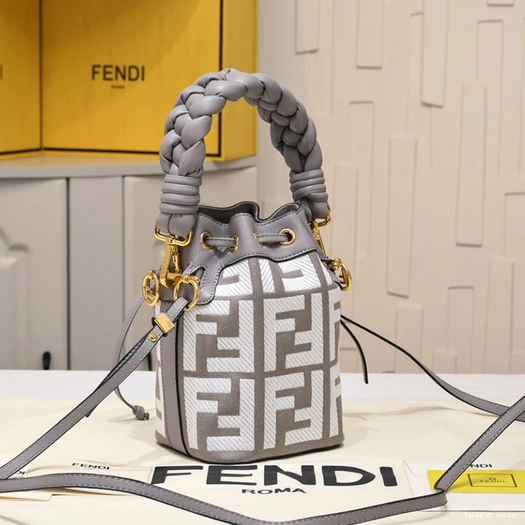 Vintage HOT with Bucket Motif Mini In Fendi Canvas Bag Tresor Grey Mon Woven FF Handle 0811